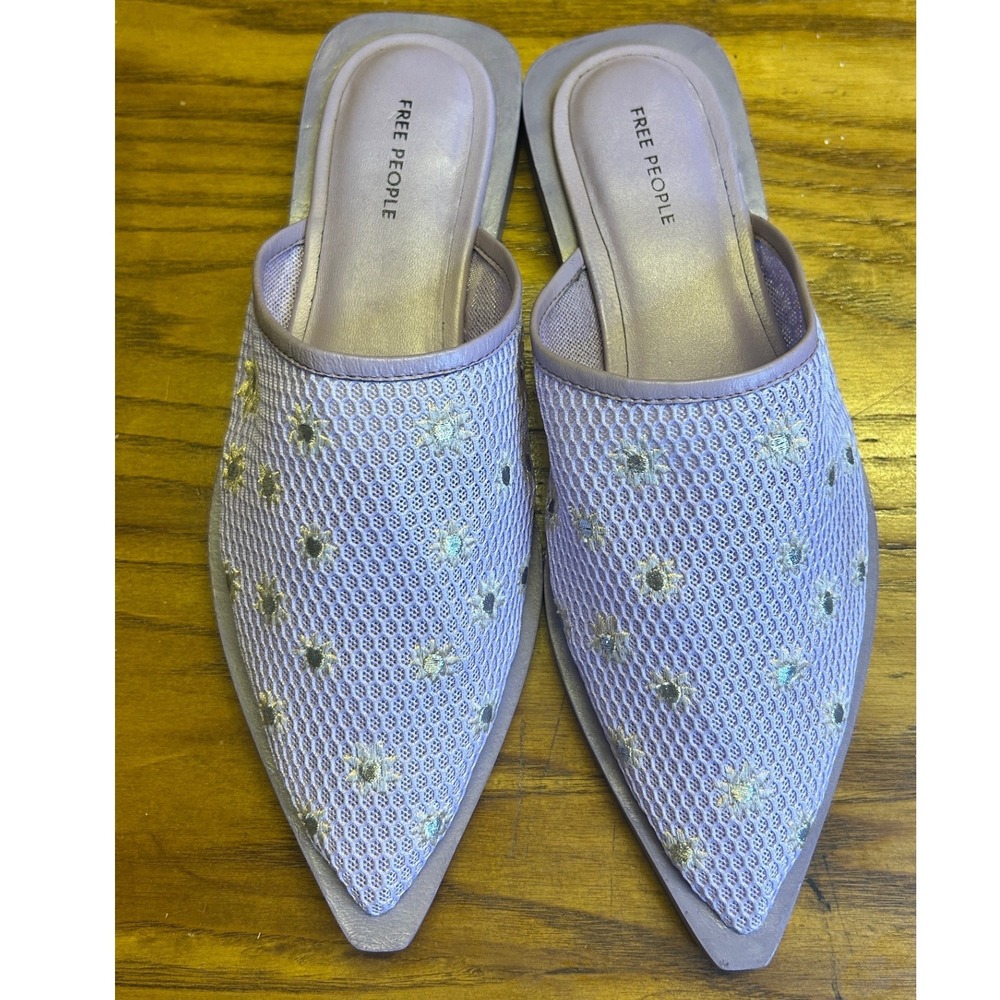 Free People Mule Women 9 Lavender Mesh Gold Floral Embroidered Pointed Toe slide